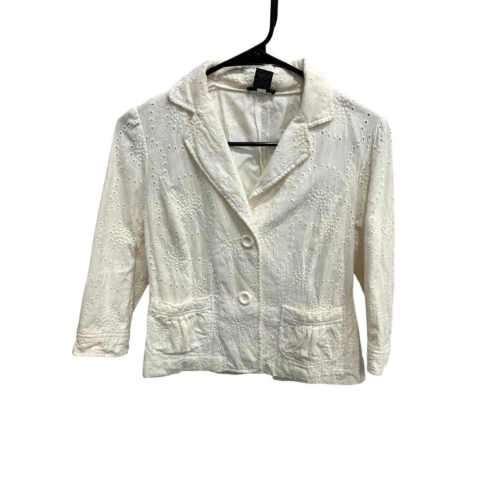 White Eyelet Cotton Three Quarter Sleeve Blazer Jacket with Button Front and Poc